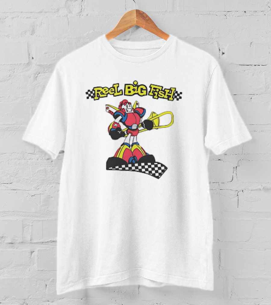 Reel Big Fish Robot Character With Trombone And Checkerboard T-Shirt