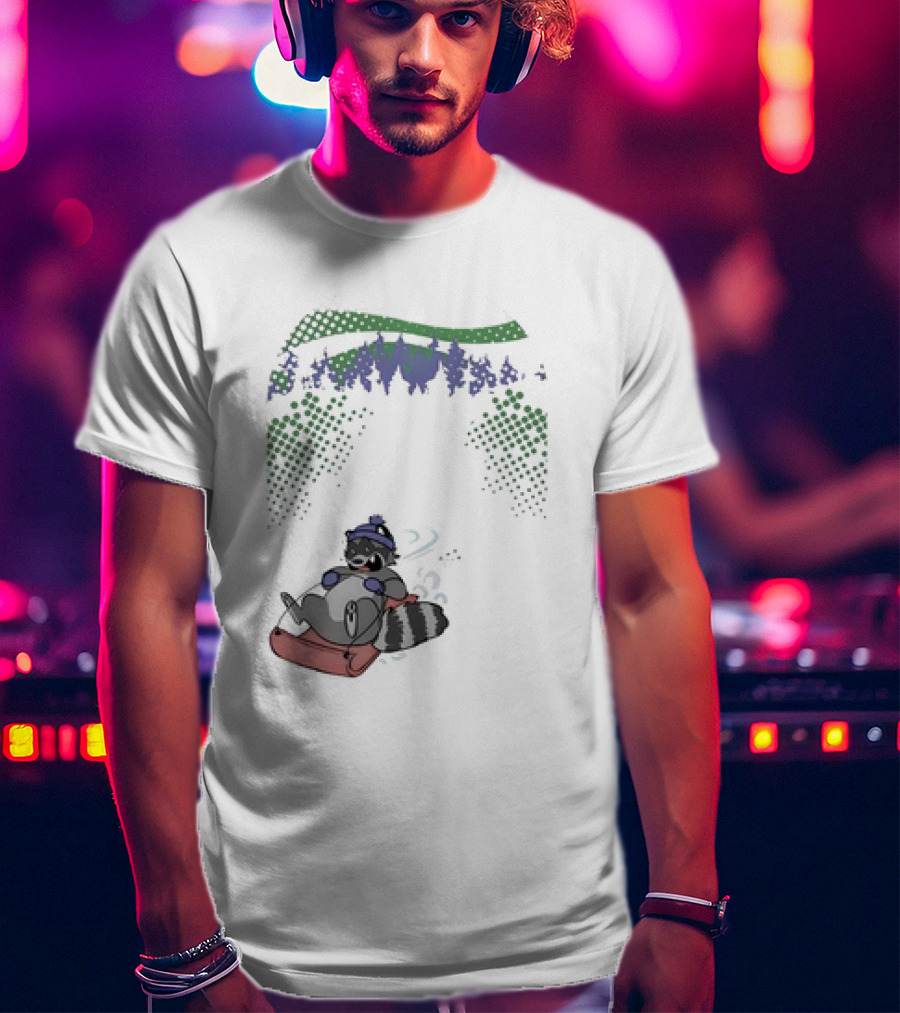 Raccoon Sledding In Winter Forest Scene With Evergreen Trees And Snowflakes T-Shirt