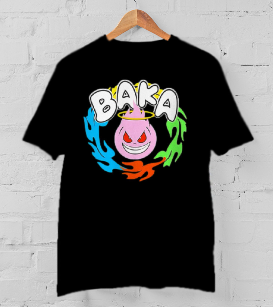 Baka Cartoon Flame With Mischievous Expression Surrounded By Colorful Fire Halo T-Shirt
