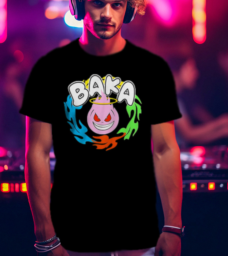 Baka Cartoon Flame With Mischievous Expression Surrounded By Colorful Fire Halo T-Shirt