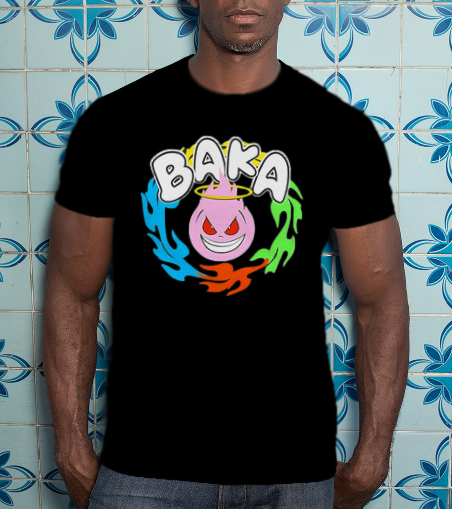Baka Cartoon Flame With Mischievous Expression Surrounded By Colorful Fire Halo T-Shirt