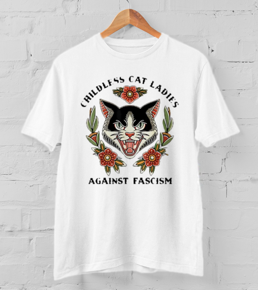 Childless Cat Ladies Against Fascism Fierce Cat Floral Emblem T-Shirt