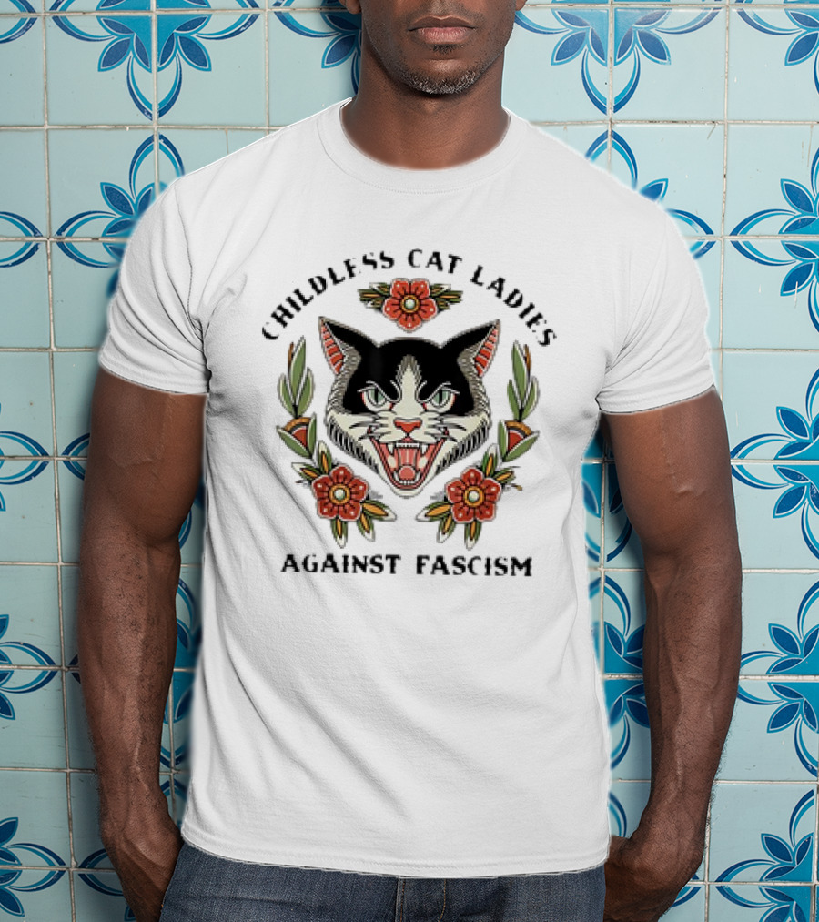 Childless Cat Ladies Against Fascism Fierce Cat Floral Emblem T-Shirt
