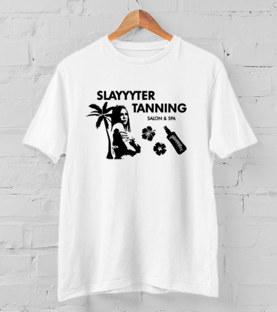 Slayyyter Tanning Salon And Spa Palm Flowers And Lotion Bottle T-Shirt