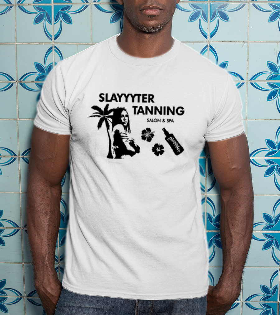 Slayyyter Tanning Salon And Spa Palm Flowers And Lotion Bottle T-Shirt