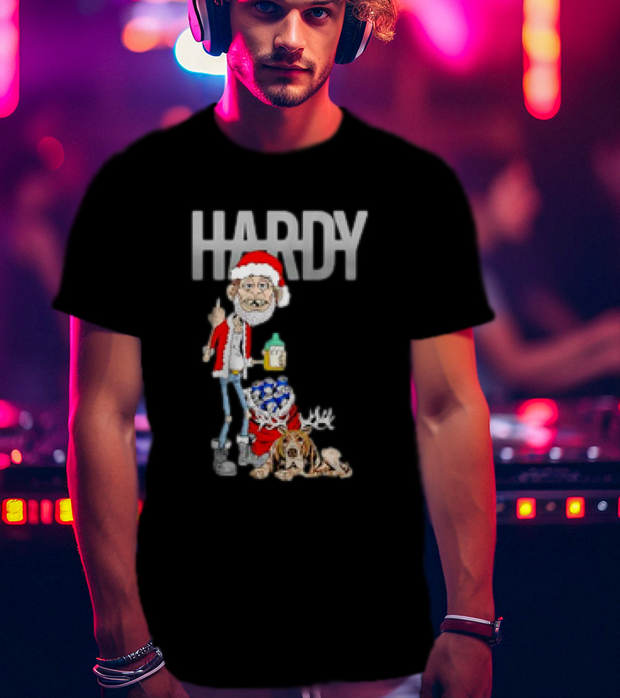 Hardy Jim Bob Holiday Christmas Santa With Beer And Reindeer Dog T-Shirt