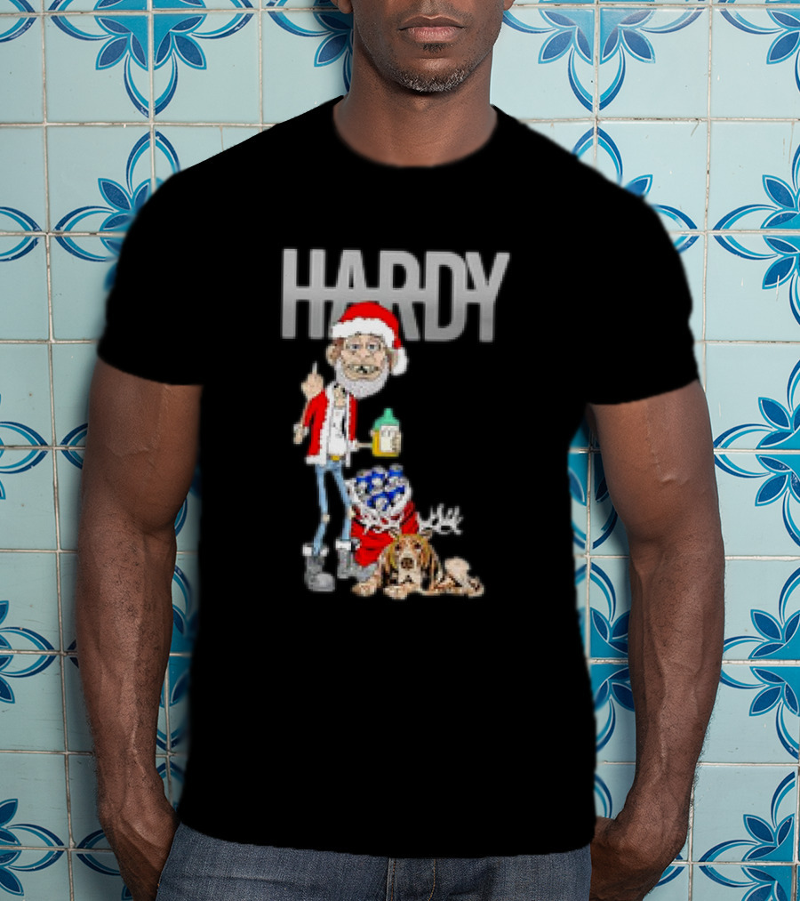 Hardy Jim Bob Holiday Christmas Santa With Beer And Reindeer Dog T-Shirt