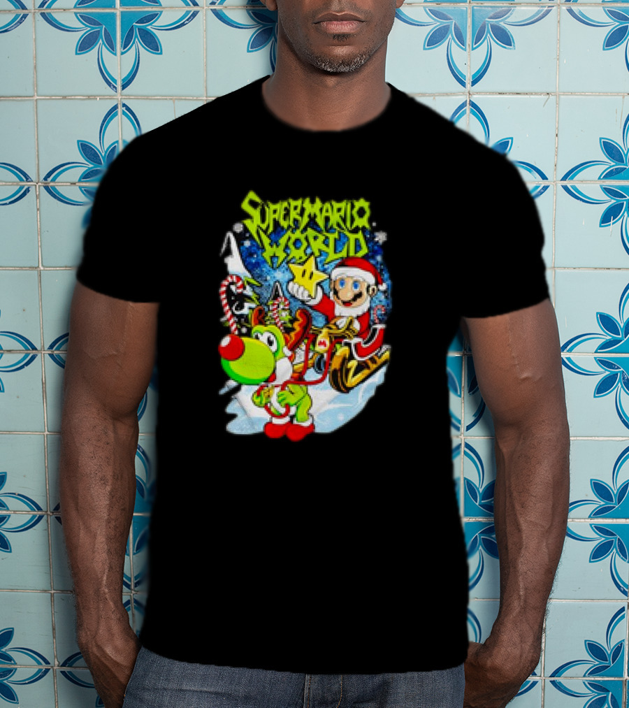 Super Mario World Santa Christmas Reindeer Sleigh Ride Scene T-Shirt