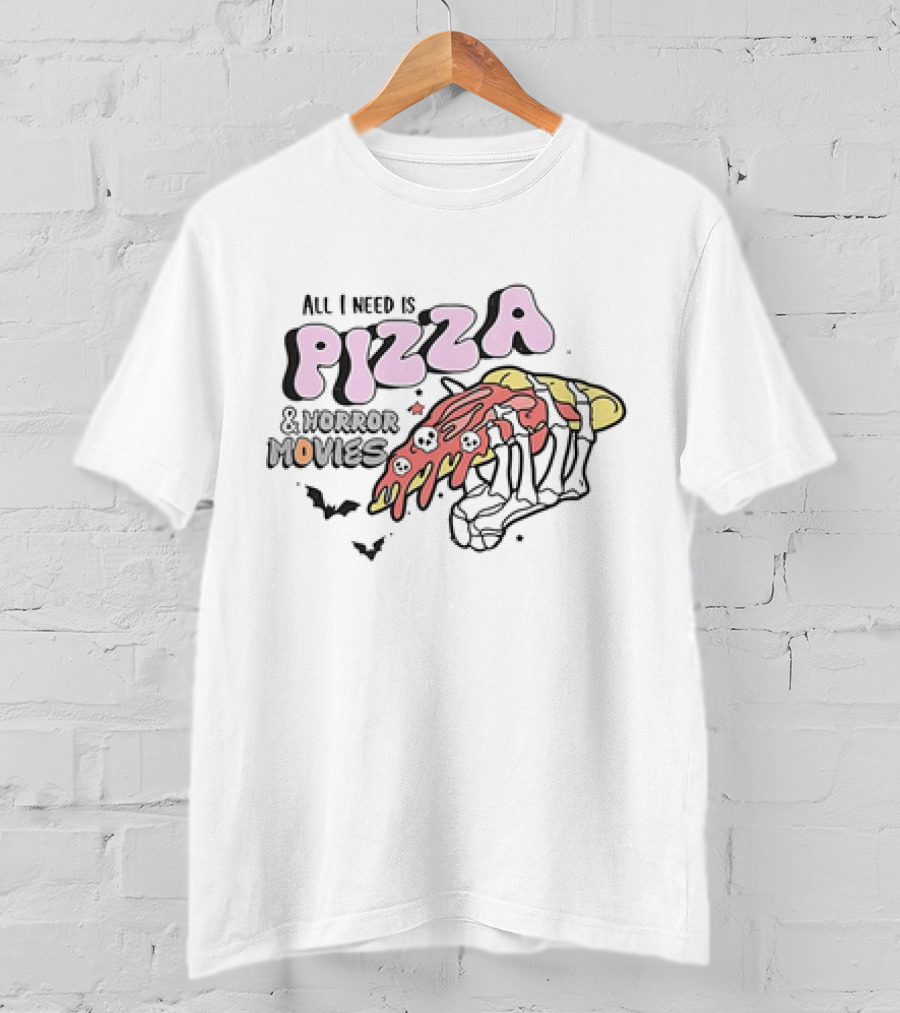 All I Need Is Pizza And Horror Movies Skeleton Hand With Bats And Skulls T-Shirt