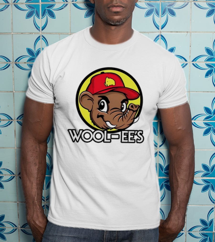 Wool-Ee’s Woolly Mammoth Cartoon Character In Red Cap With Yellow Background T-Shirt