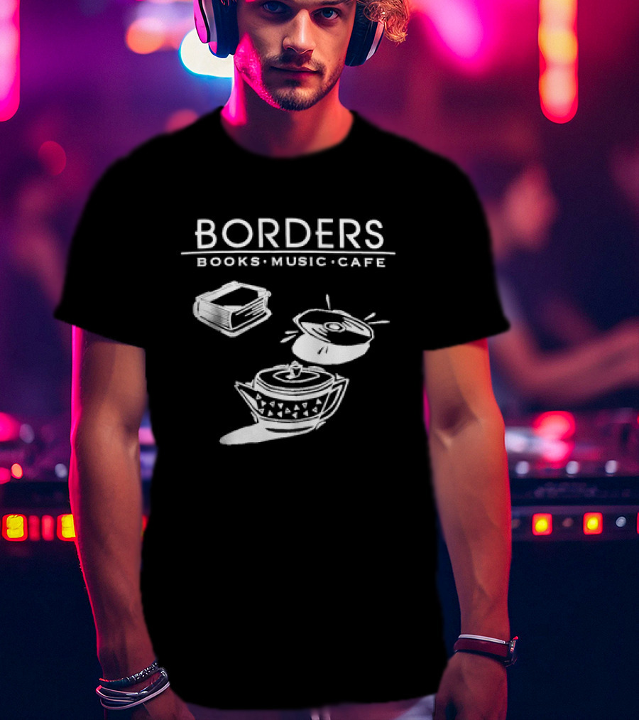 Borders Books Music Cafe Logo With Book, CD, And Teapot T-Shirt
