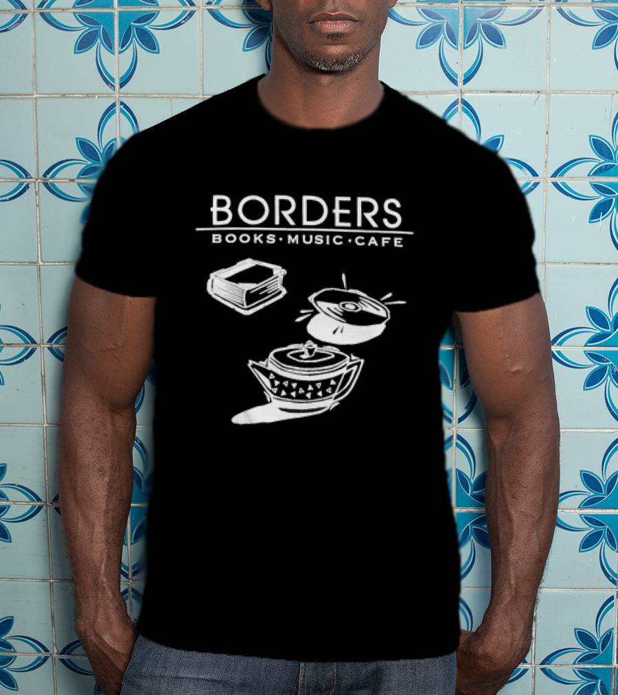 Borders Books Music Cafe Logo With Book, CD, And Teapot T-Shirt