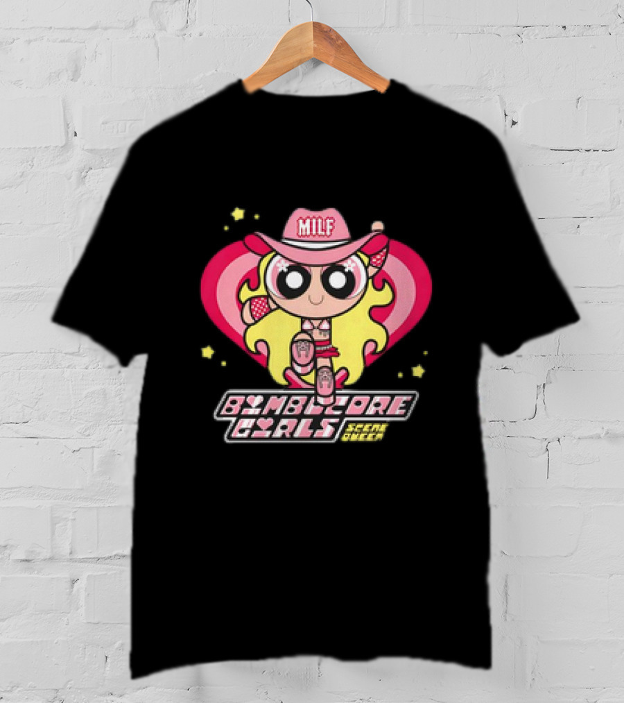 Bimbocore Girls Scene Queen Powerpuff MILF Cowboy Hat Pink Heart Flame T-Shirt