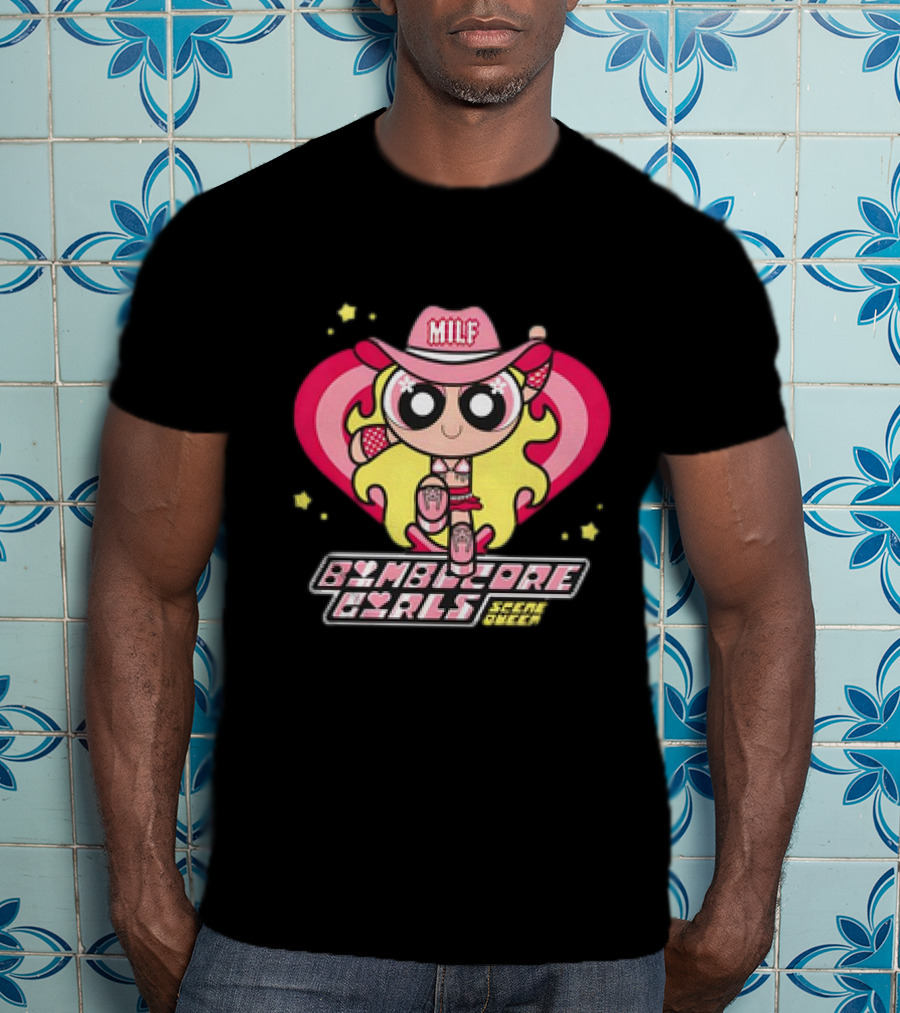 Bimbocore Girls Scene Queen Powerpuff MILF Cowboy Hat Pink Heart Flame T-Shirt