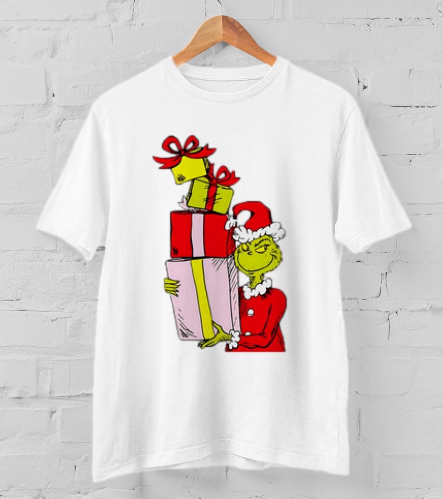 Grinch With Stacked Christmas Gifts Santa T-Shirt
