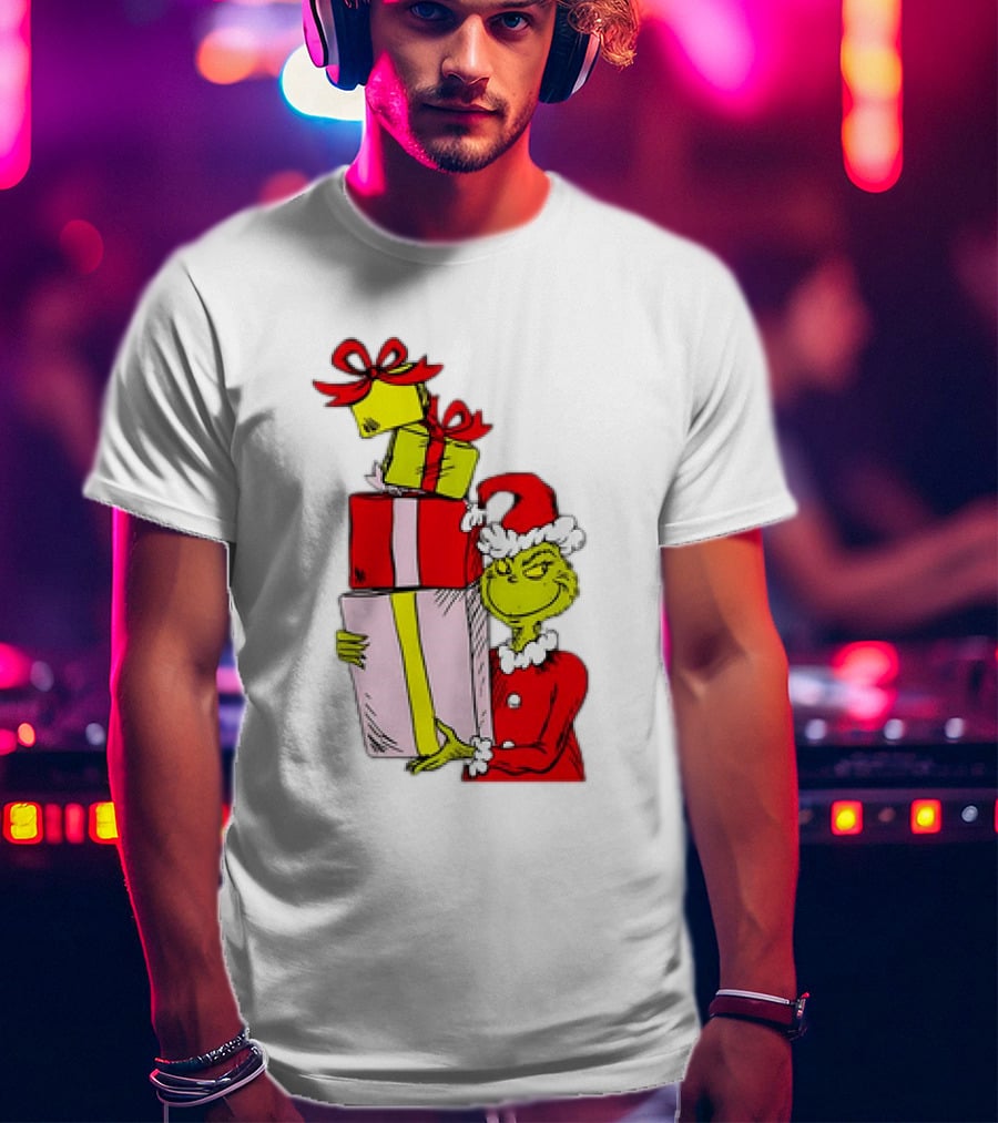 Grinch With Stacked Christmas Gifts Santa T-Shirt