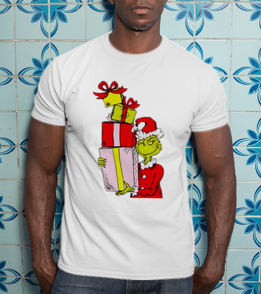 Grinch With Stacked Christmas Gifts Santa T-Shirt