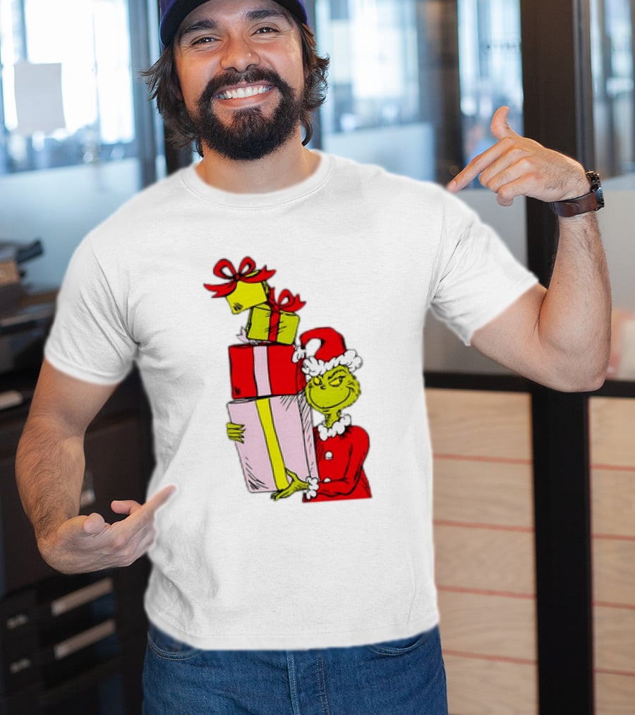 Grinch With Stacked Christmas Gifts Santa T-Shirt