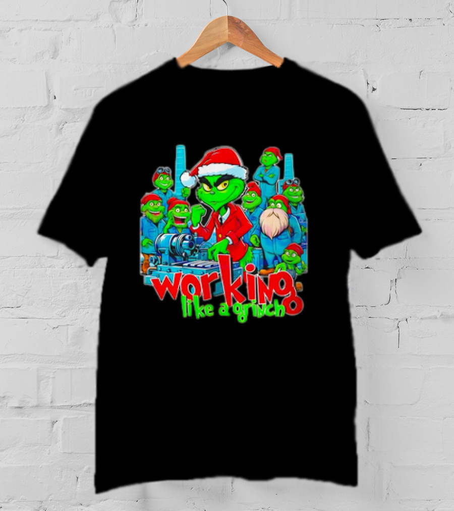 Working Like A Grinch Christmas Mechanic Santa Hat Crew T-Shirt