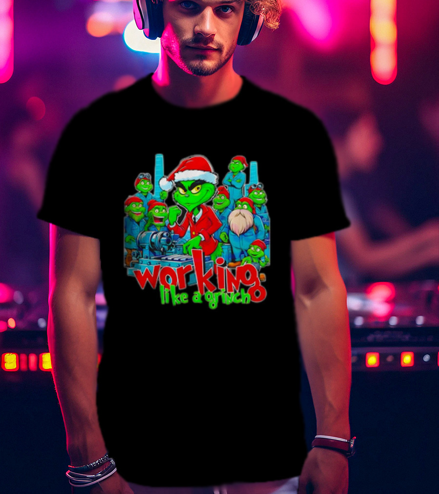 Working Like A Grinch Christmas Mechanic Santa Hat Crew T-Shirt