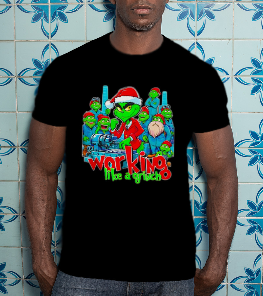 Working Like A Grinch Christmas Mechanic Santa Hat Crew T-Shirt