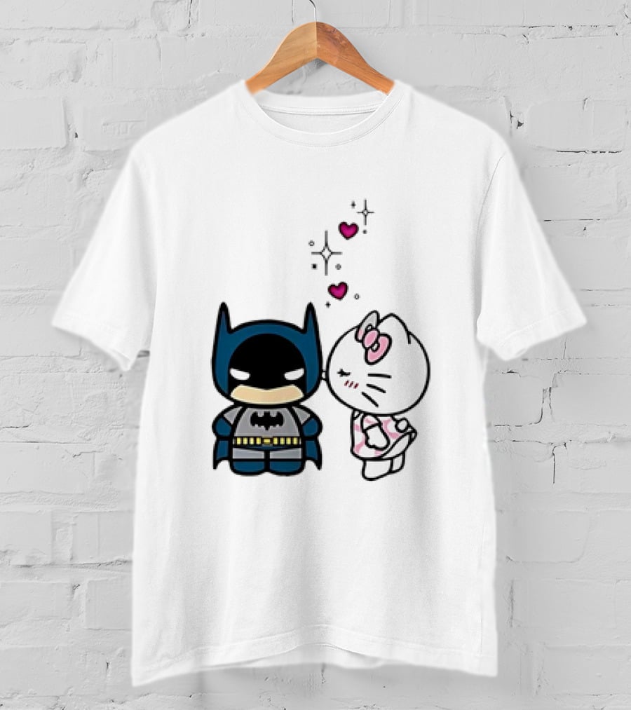 Hello Kitty Kissing Batman With Hearts And Sparkles T-Shirt