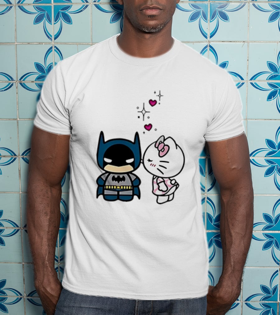 Hello Kitty Kissing Batman With Hearts And Sparkles T-Shirt