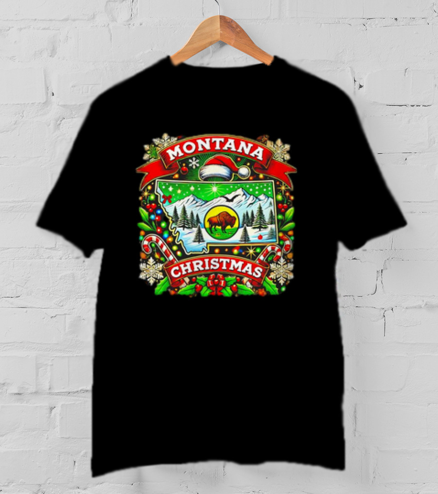 Montana Christmas Snowy Mountains And Buffalo Holiday Festive T-Shirt