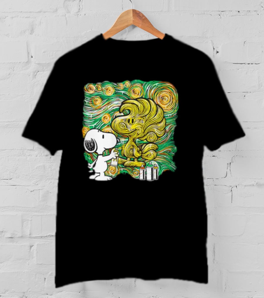 Peanuts Snoopy Spray Painting Woodstock In Starry Night Graffiti T-Shirt