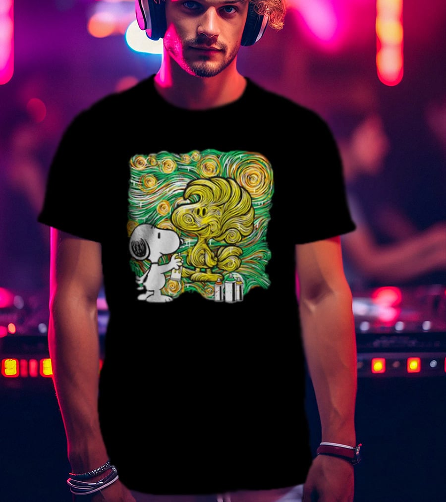 Peanuts Snoopy Spray Painting Woodstock In Starry Night Graffiti T-Shirt