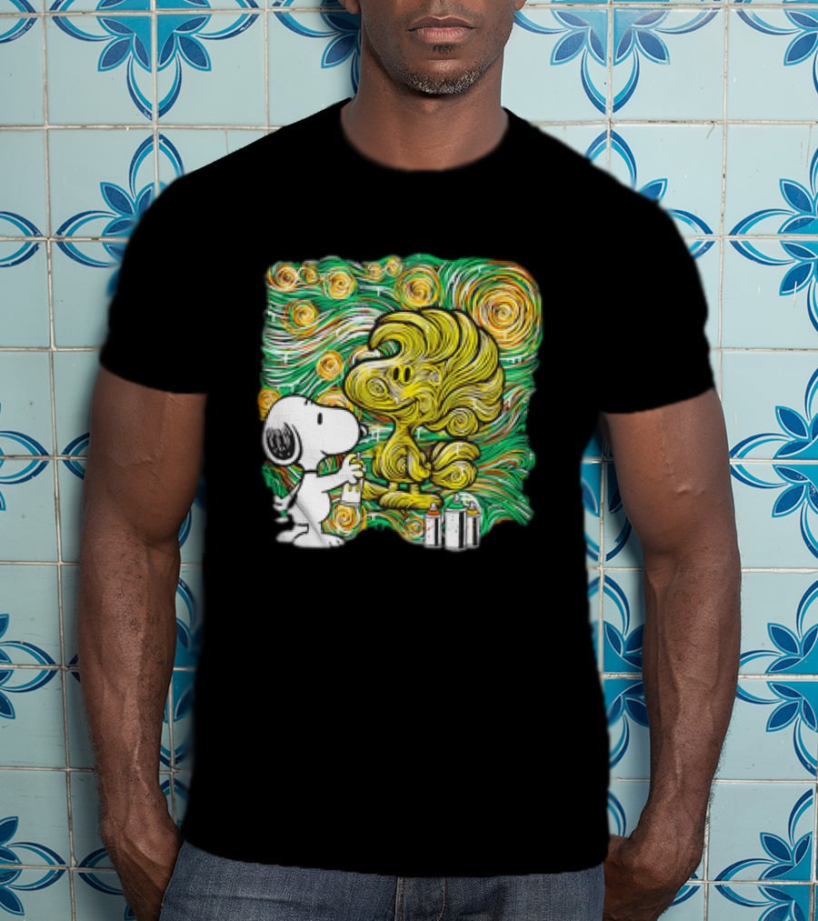 Peanuts Snoopy Spray Painting Woodstock In Starry Night Graffiti T-Shirt