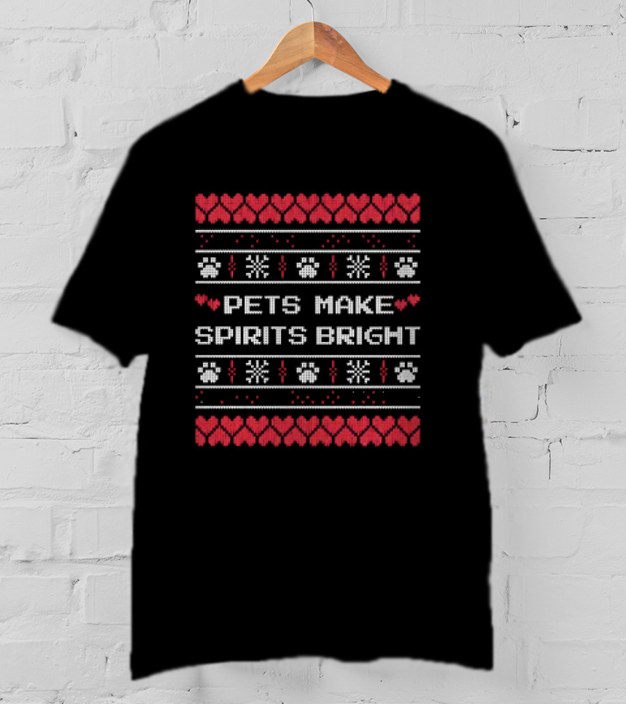 Pets Make Spirits Bright Christmas Ugly Sweater Paw Print Heart Snowflake T-Shirt