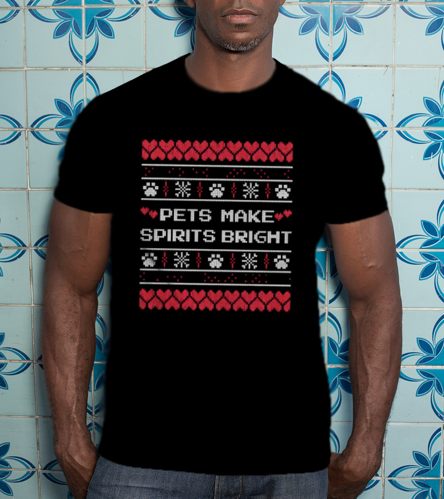 Pets Make Spirits Bright Christmas Ugly Sweater Paw Print Heart Snowflake T-Shirt