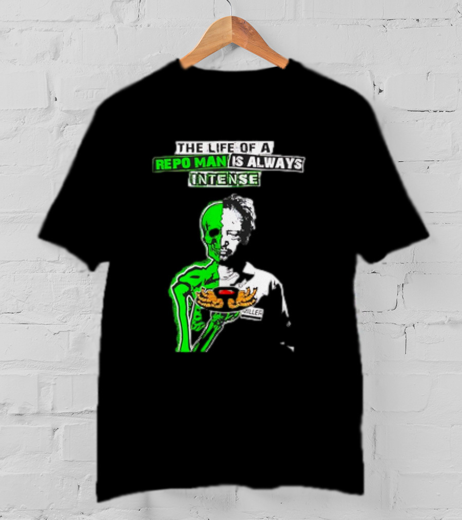 The Life Of A Repo Man Is Always Intense Skull Duality Neon Green Skeleton Black Hat Grim Reaper Delivery Pizza Box Killer T-Shirt