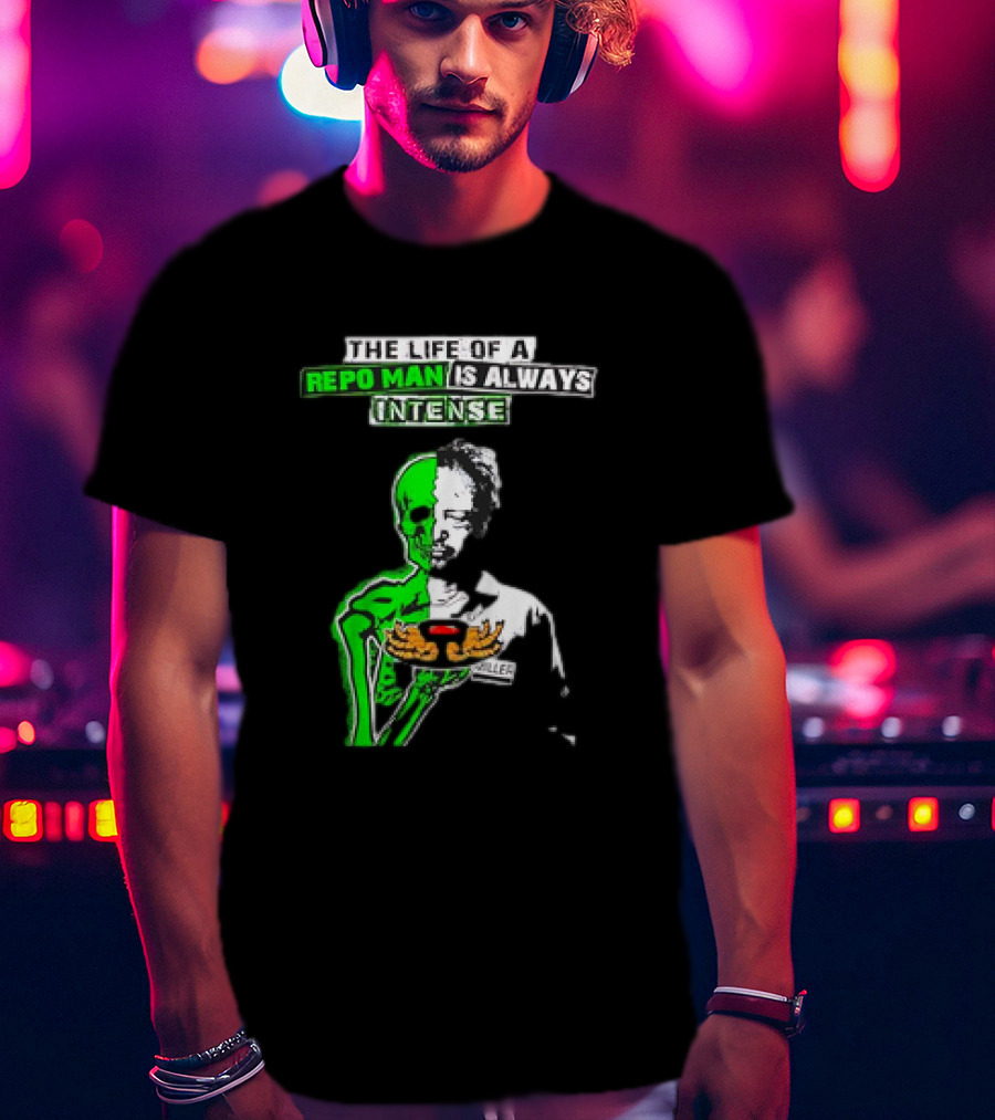 The Life Of A Repo Man Is Always Intense Skull Duality Neon Green Skeleton Black Hat Grim Reaper Delivery Pizza Box Killer T-Shirt