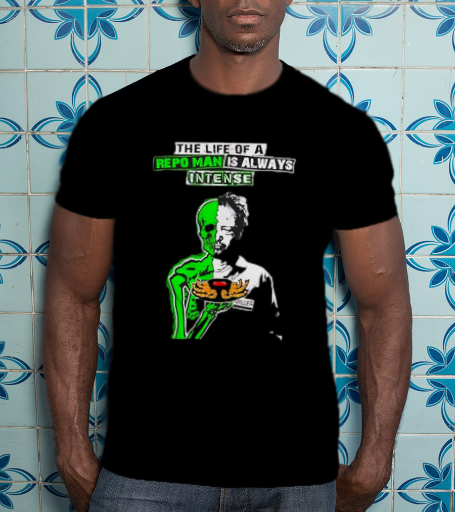 The Life Of A Repo Man Is Always Intense Skull Duality Neon Green Skeleton Black Hat Grim Reaper Delivery Pizza Box Killer T-Shirt