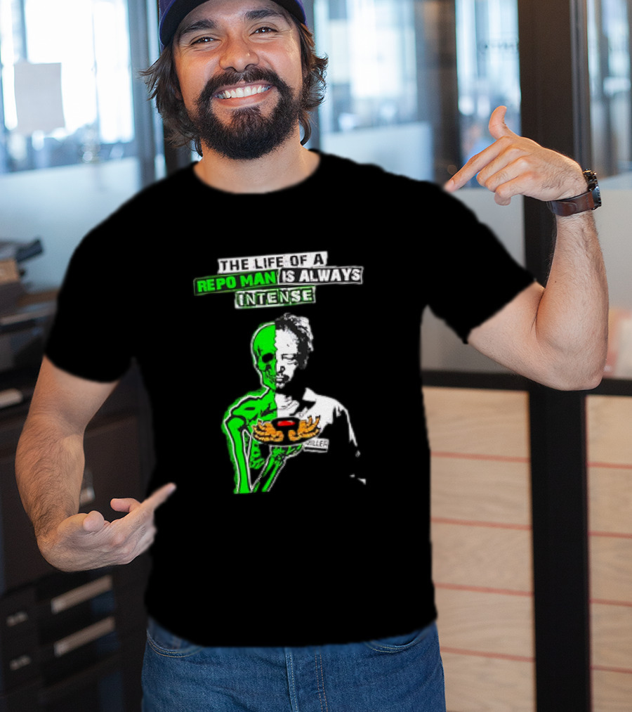 The Life Of A Repo Man Is Always Intense Skull Duality Neon Green Skeleton Black Hat Grim Reaper Delivery Pizza Box Killer T-Shirt