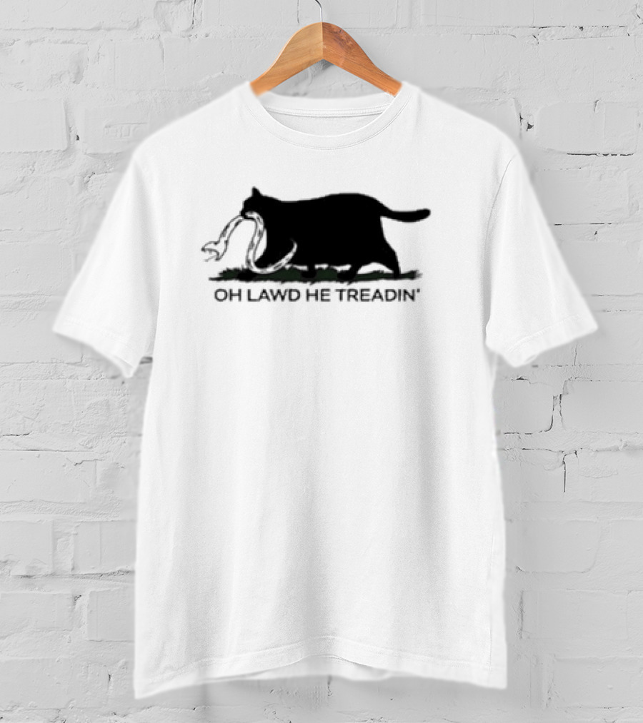 Oh Lawd He Treadin' Cat Silhouette Biting Snake T-Shirt