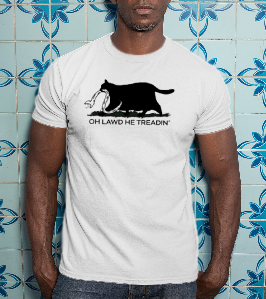 Oh Lawd He Treadin' Cat Silhouette Biting Snake T-Shirt