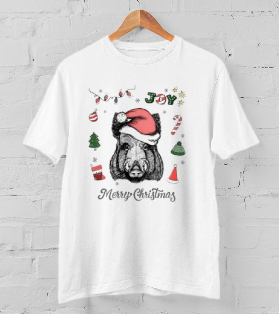 Boar Merry Christmas Joy With Santa Hat And Festive Icons T-Shirt