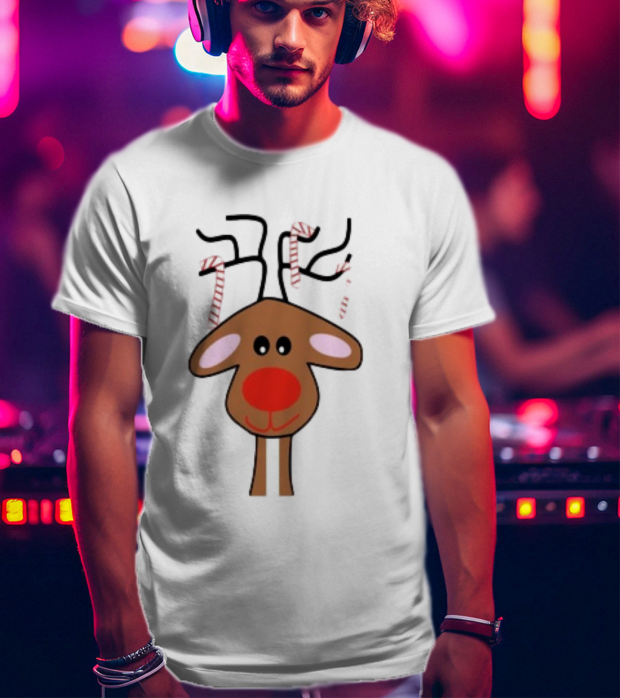 Red Nose Christmas Reindeer With Candy Cane Antlers T-Shirt