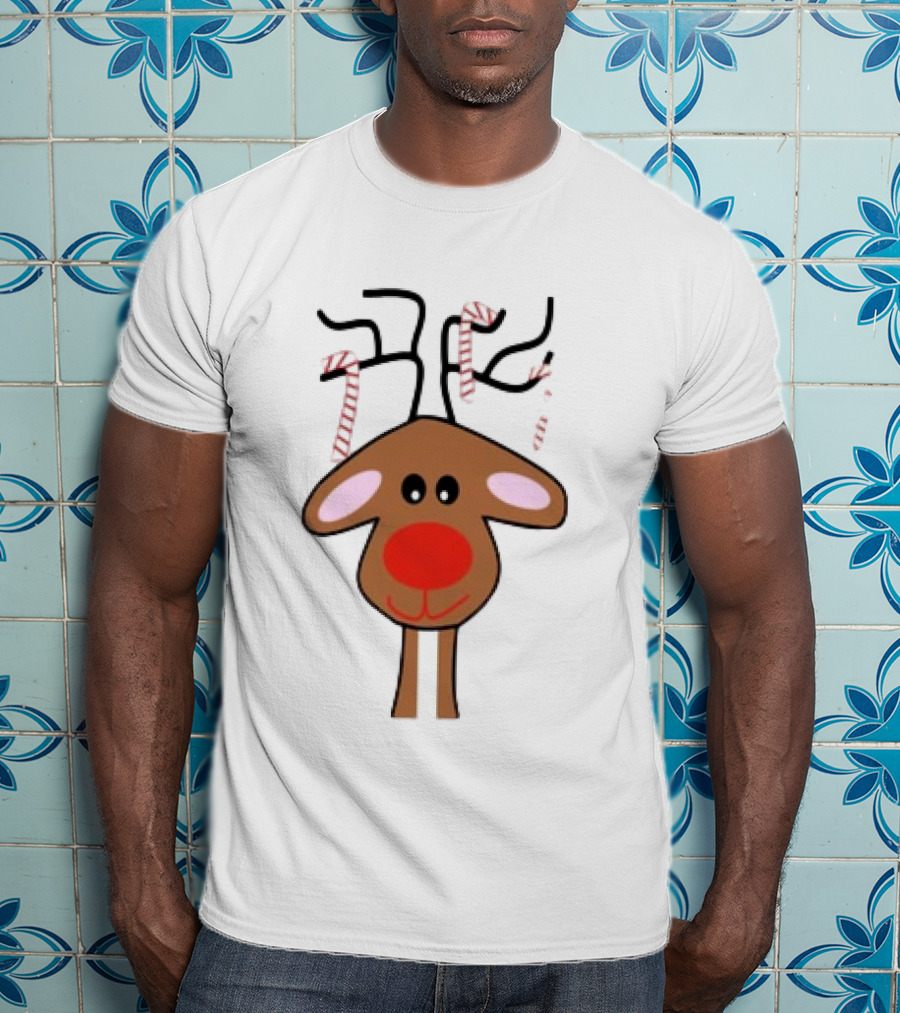 Red Nose Christmas Reindeer With Candy Cane Antlers T-Shirt