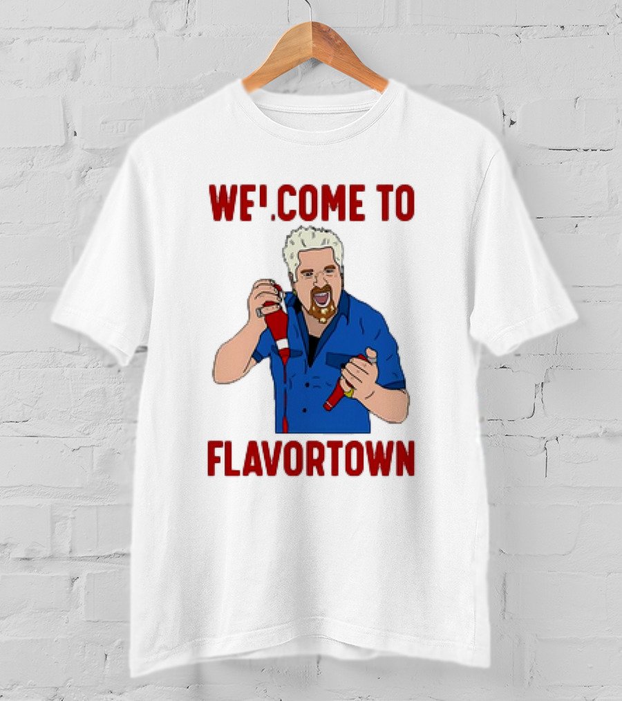 WECOME TO FLAVORTOWN Flavortown Guy Character Cartoon Blue Shirt Red Bottles T-Shirt