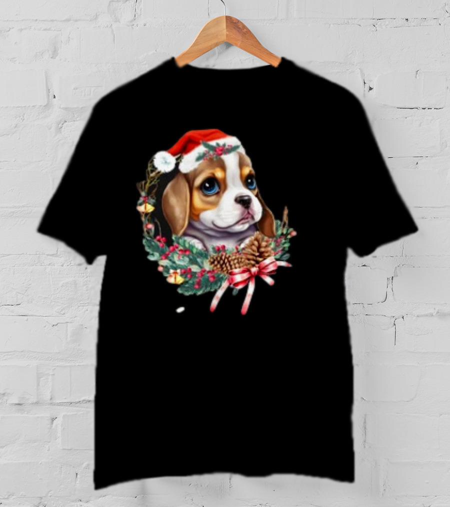 Christmas Beagle With Santa Hat And Holiday Wreath T-Shirt