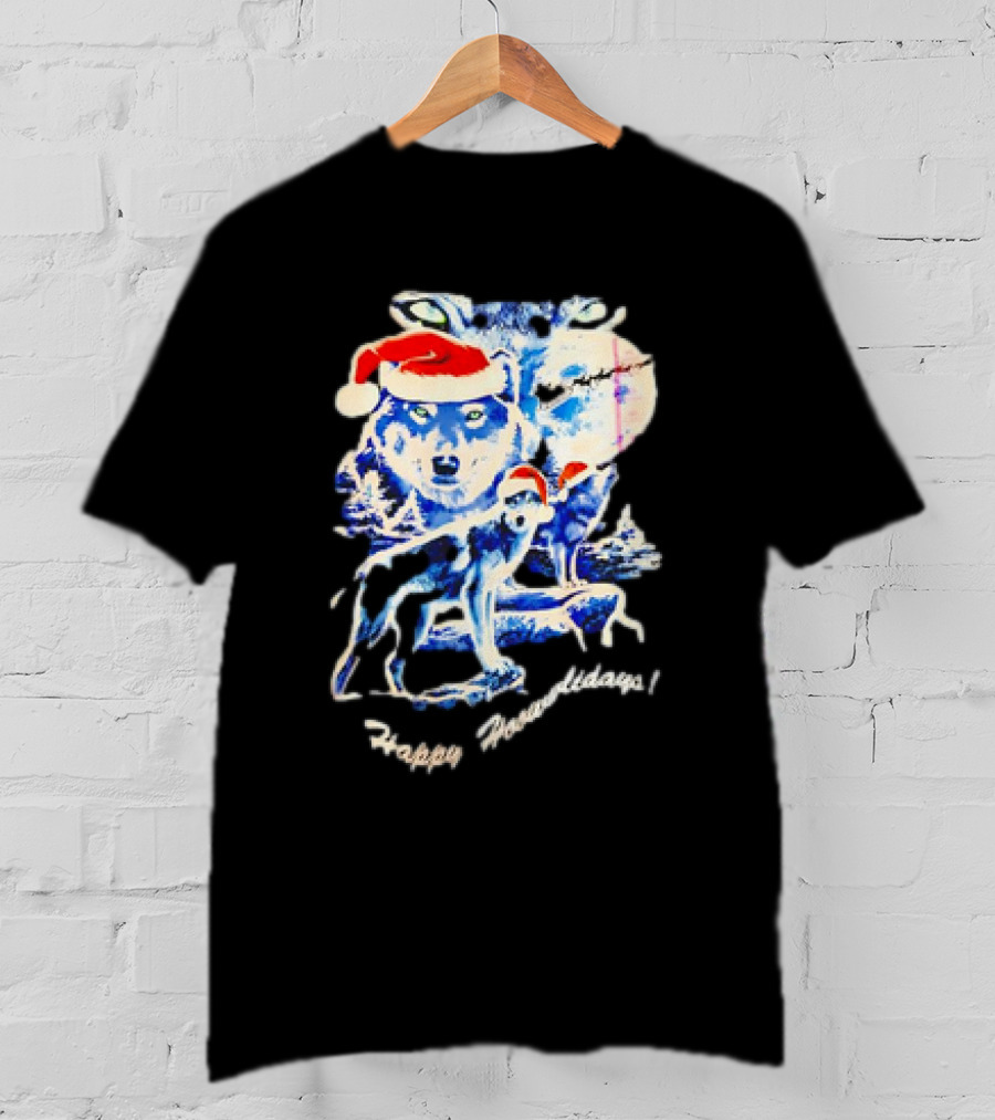 Happy Howlidays Wolves Santa Hats Christmas T-Shirt