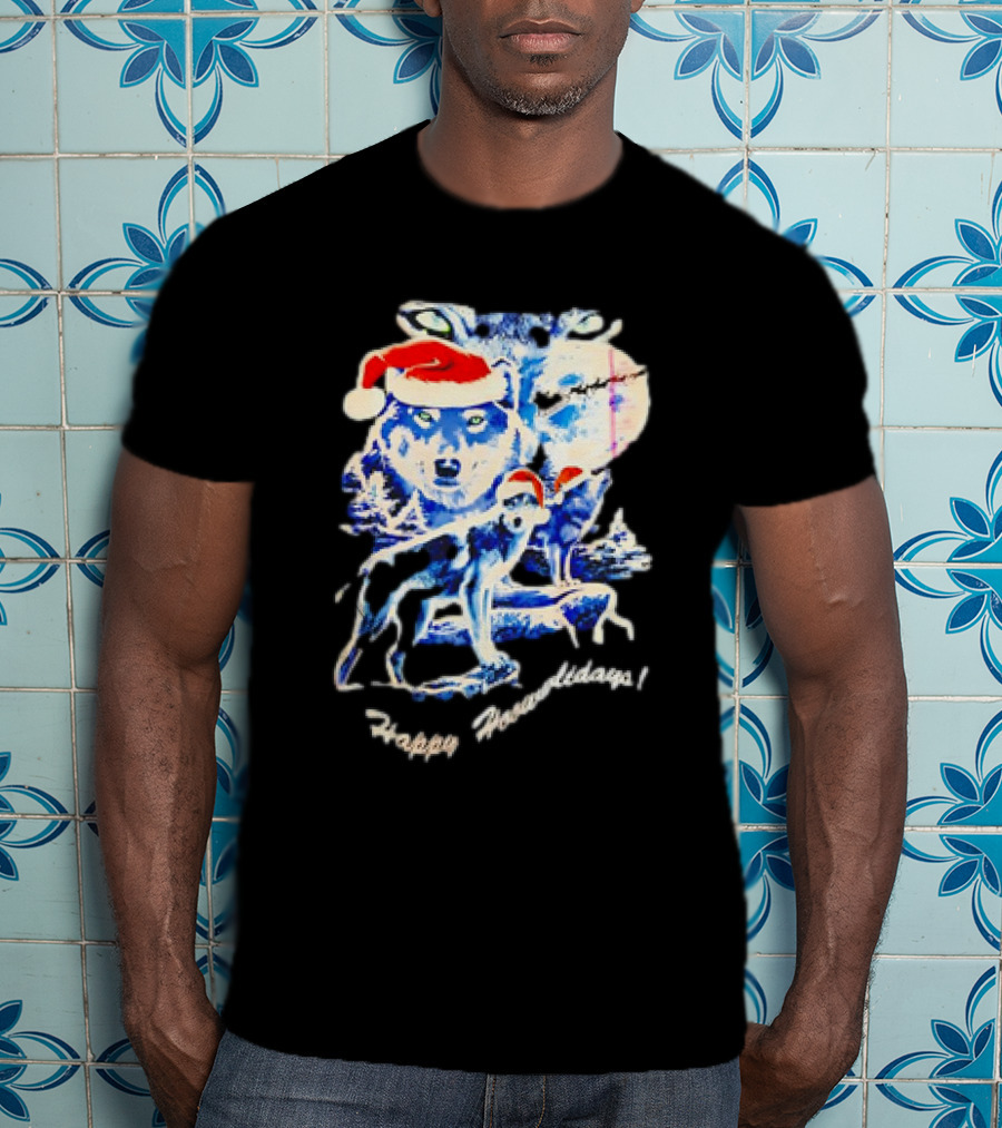 Happy Howlidays Wolves Santa Hats Christmas T-Shirt