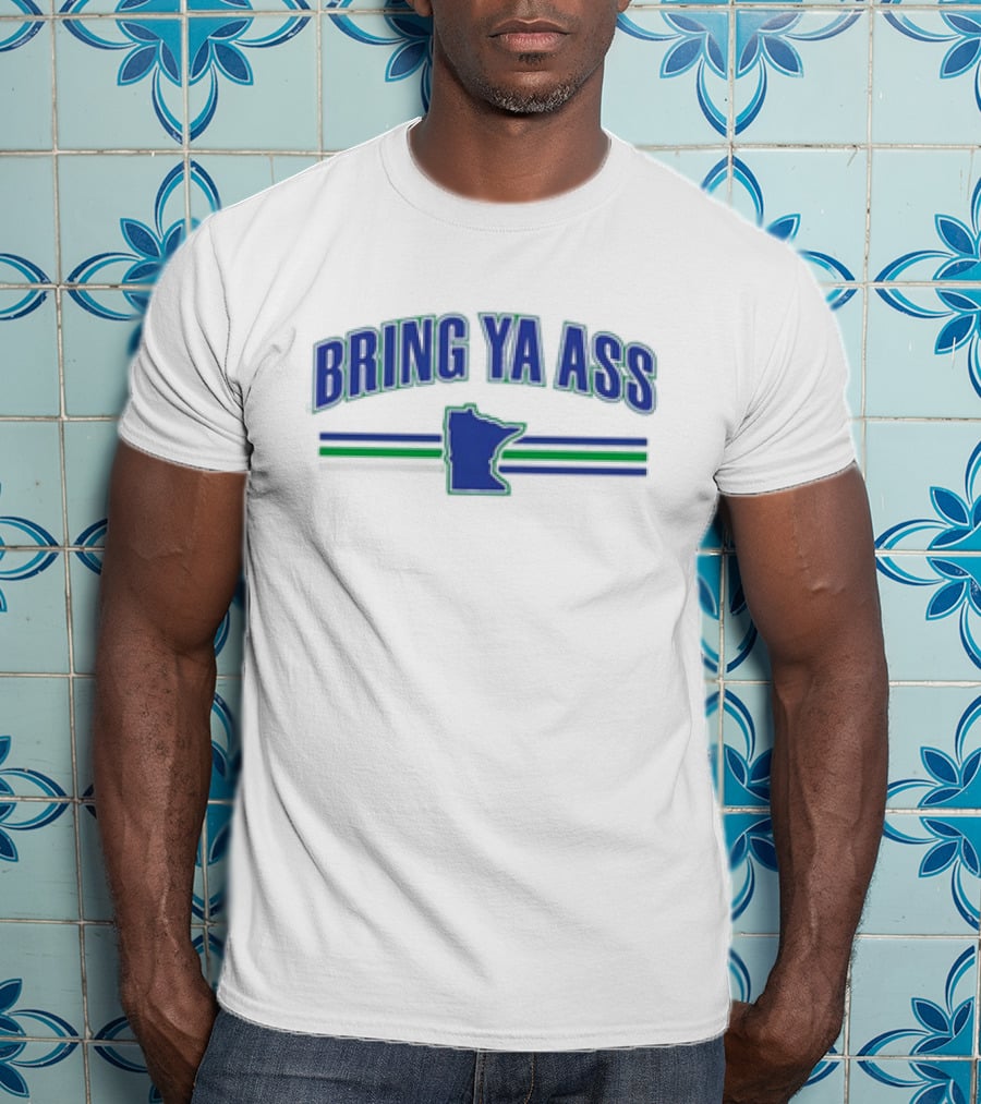 Bring Ya Ass Team Minnesota Outline Хоккейный поиск – Green Blue Stripes T-Shirt