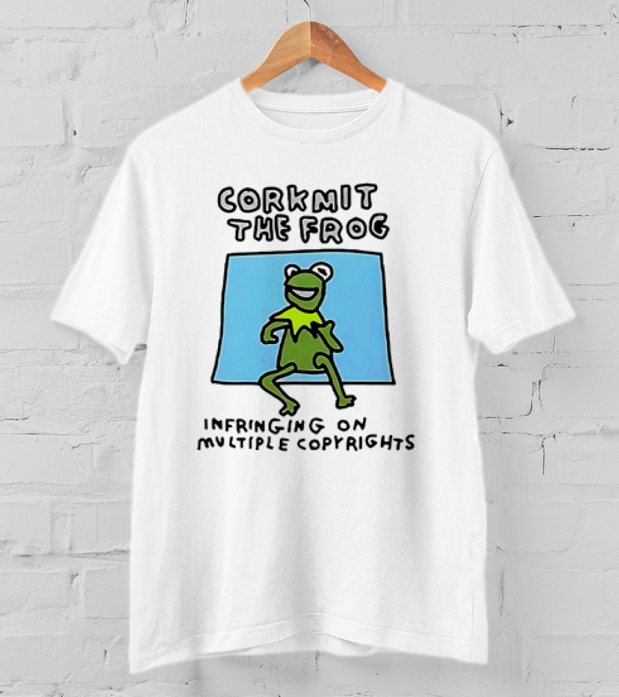 Corkmit The Frog Infringing On Multiple Copyrights Green Frog Cartoon With Blue Background T-Shirt