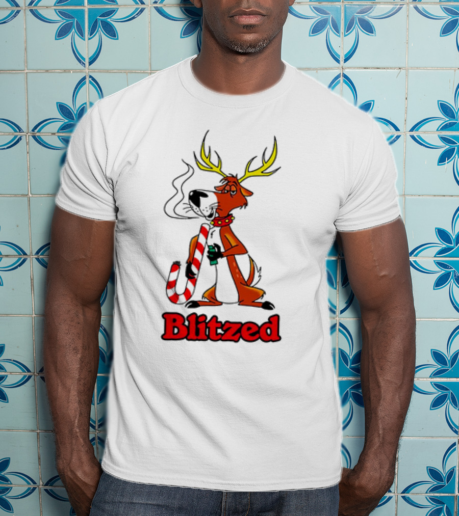 Blitzed Reindeer With Candy Cane And Holiday Cheer T-Shirt