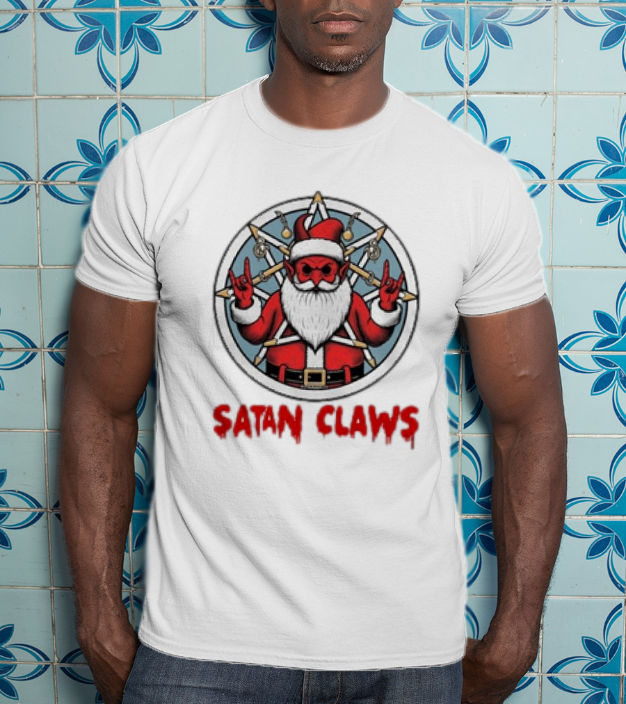 Satan Claws Christmas Pentagram Santa Rock Gesture T-Shirt